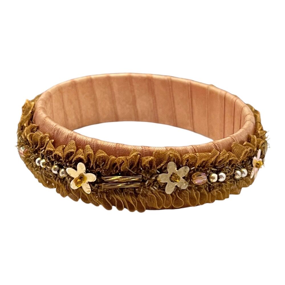 Vintage 1980s Fabric Bangle Bracelet Beaded Floral Brown - 9O
